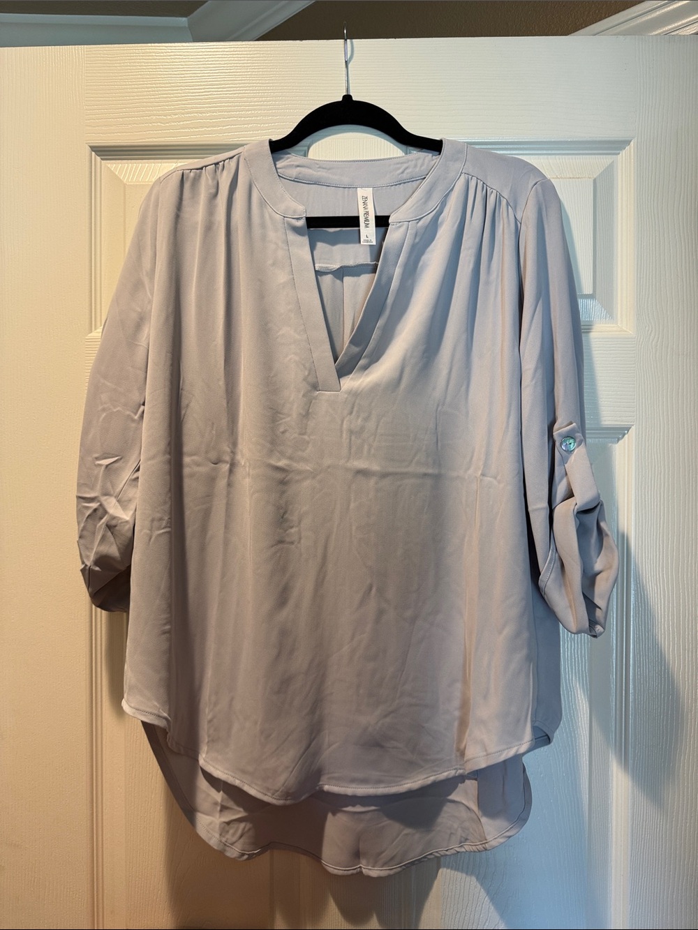 Zenana Light Gray V-Neck Roll-Sleeve Blouse